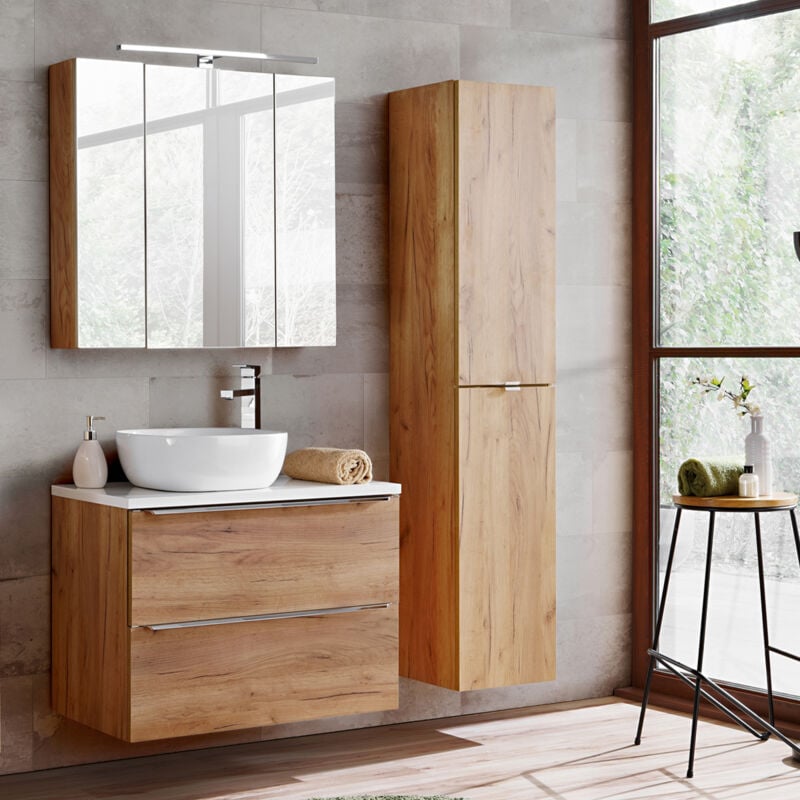 Petits-meubles - Ensemble meuble simple vasque 80cm et colonne April Bois et Blanc