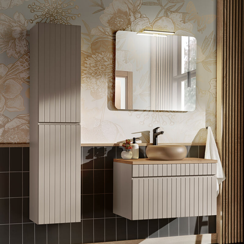 Petits-meubles - Ensemble meuble simple vasque 80cm et colonne Zelie Cachemire et Bois