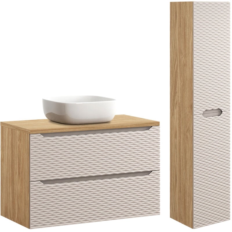 Petits-meubles - Ensemble meuble simple vasque 90cm et colonne Elora Beige et bois