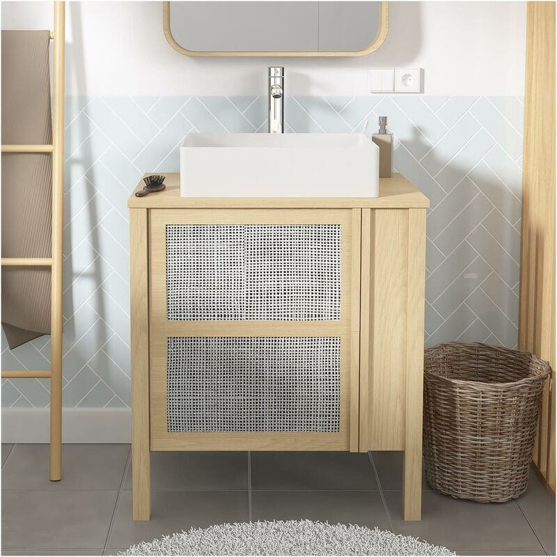 Mob-in - Ensemble meuble simple vasque chêne porte cannage 70 cm + vasque
