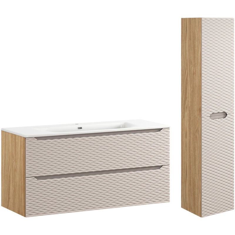 Petits-meubles - Ensemble meuble simple vasque encastrée 120cm 2 tiroirs et colonne Elora Beige et bois