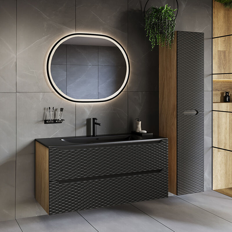 Ensemble meuble simple vasque encastrée 120cm 2 tiroirs et colonne Elora Noir et bois