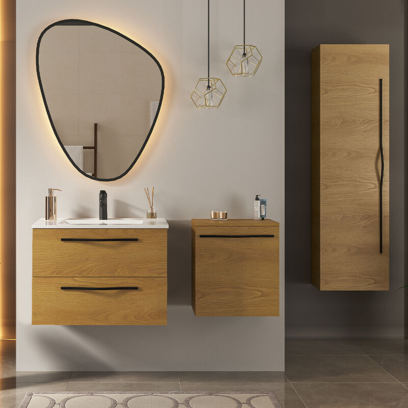 Petits-meubles - Ensemble meuble simple vasque encastrée 60 cm miroir led armoire et colonne Douglas Bois
