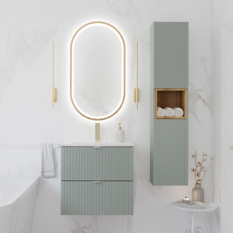 Petits-meubles - Ensemble meuble simple vasque encastrée 60cm 2 tiroirs et colonne Jade Vert et Bois