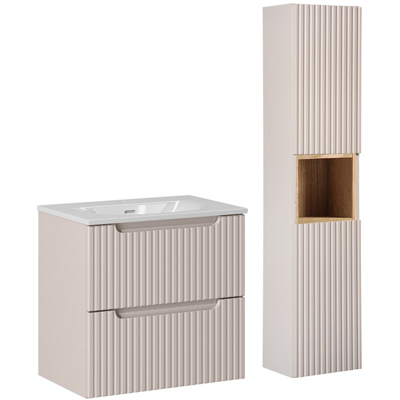 Petits-meubles - Ensemble meuble simple vasque encastrée 60cm 2 tiroirs et colonne Riva Cachemire et Bois