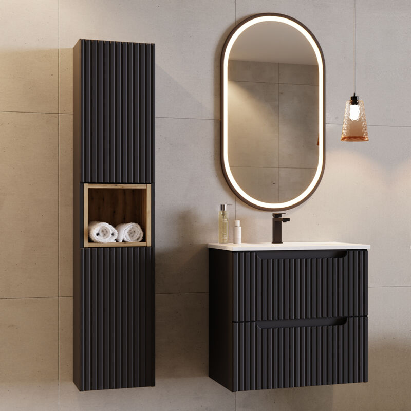 Petits-meubles - Ensemble meuble simple vasque encastrée 60cm 2 tiroirs et colonne Riva Noir et Bois