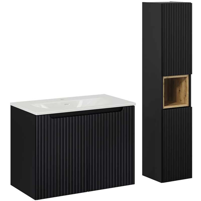 Petits-meubles - Ensemble meuble simple vasque encastrée 80cm 2 portes et colonne Riva Noir et Bois