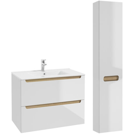 Ensemble meuble simple vasque encastrée 80cm 2 tiroirs et colonne Livia Blanc et Bois