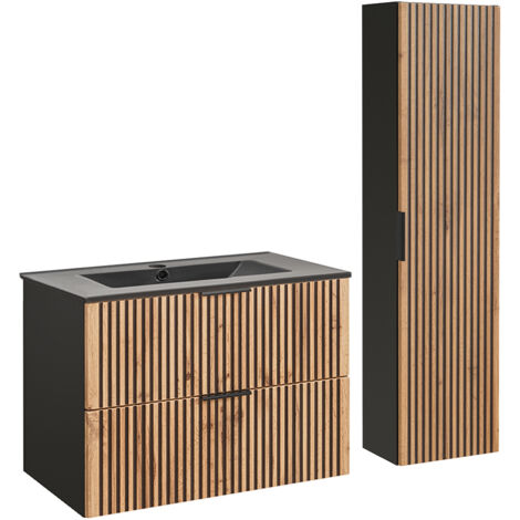 Ensemble meuble simple vasque encastrée 80cm et colonne Gaia Bois et Noir - Vasque Noir