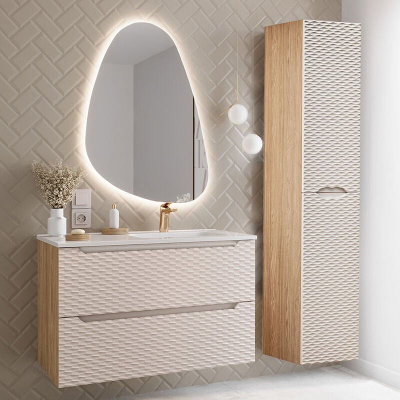 Petits-meubles - Ensemble meuble simple vasque encastrée droite 90cm et colonne Elora Beige et bois