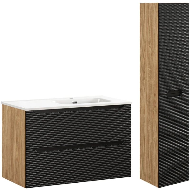 Petits-meubles - Ensemble meuble simple vasque encastrée droite 90cm et colonne Elora Noir et bois