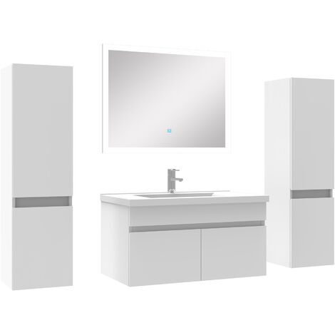 Ensemble meuble simple vasque L.80cm avec colonne + miroir Blanc