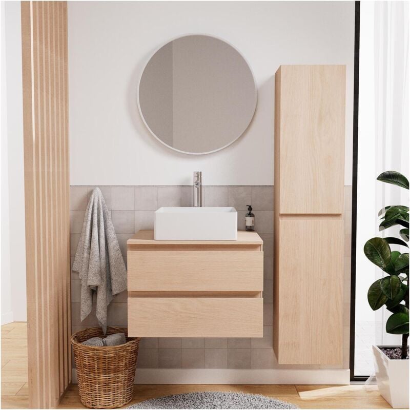 Mob-in - Ensemble meuble simple vasque sorrento 60 cm + vasque + robinet + miroir + colonne