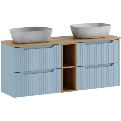 Ensemble meuble sous double vasques avec plan chêne et vasques ANNA 140 cm NOVA DENIM bleu