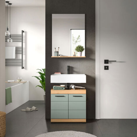 Ensemble meuble sous lavabo + miroir chêne brun et kaki - OLBO