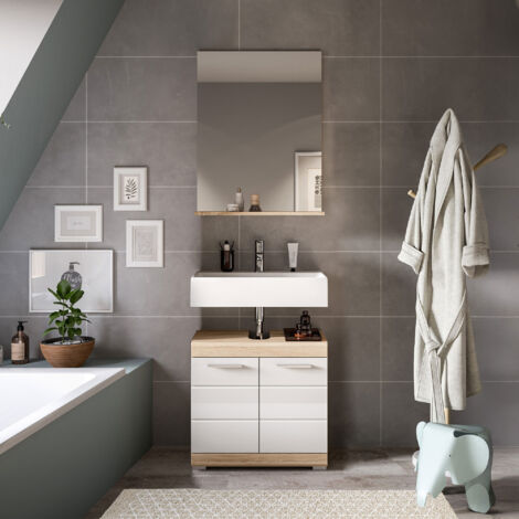 Ensemble meuble sous lavabo + miroir chêne et blanc - LAMBY