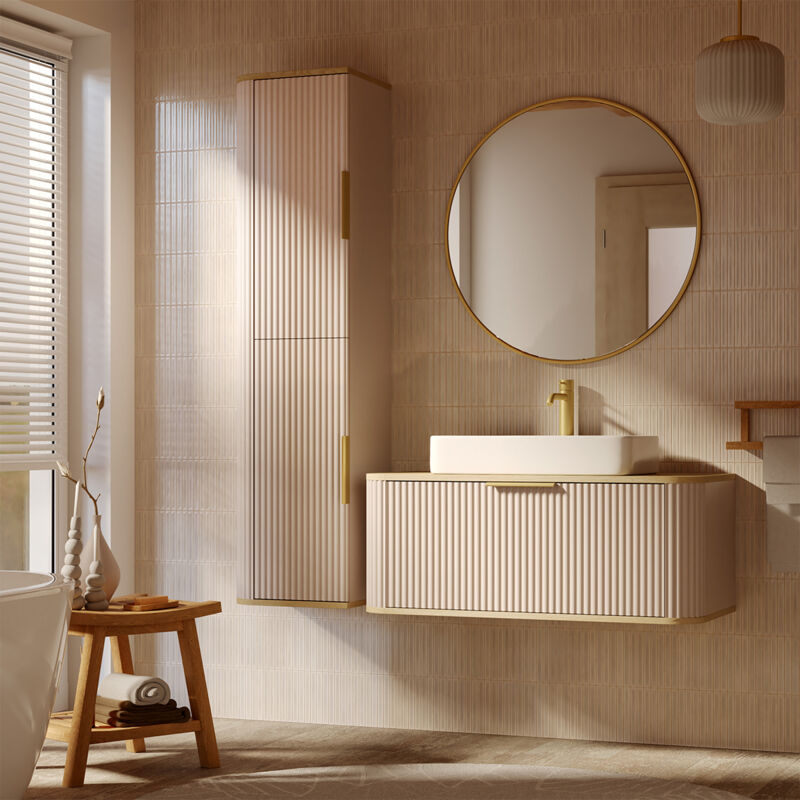 Petits-meubles - Ensemble meuble sous-vasque 80 cm miroir et colonne Yuval Cachemire et Bois