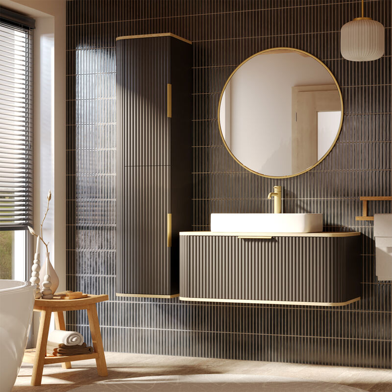 Petits-meubles - Ensemble meuble sous-vasque 80 cm miroir et colonne Yuval Noir et Bois