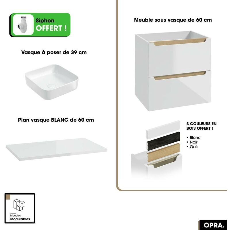 Ensemble meuble sous vasque avec plan et vasque à poser - Siphon offert opra Blanc 60 × 60 × 45 cm