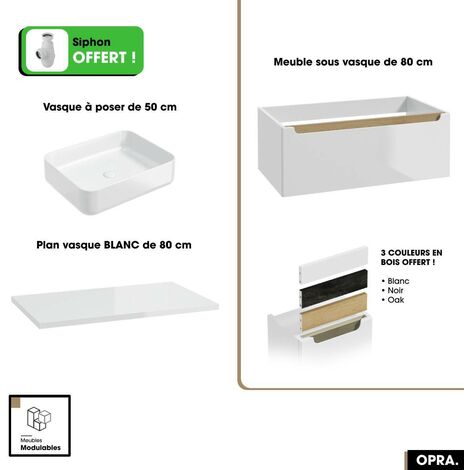 Ensemble meuble sous vasque avec plan et vasque à poser - Siphon OFFERT  OPRA  Blanc  80 × 30 × 45 cm