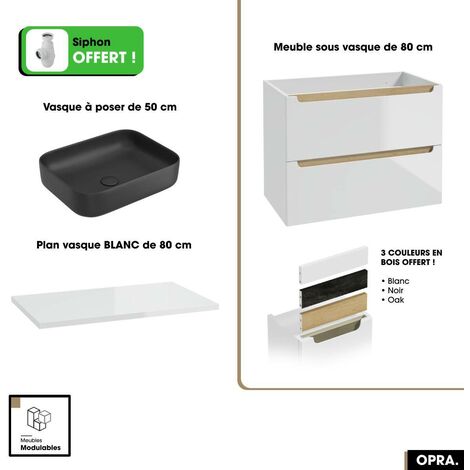 Ensemble meuble sous vasque avec plan et vasque à poser - Siphon OFFERT  OPRA  Blanc  80 × 60 × 45 cm