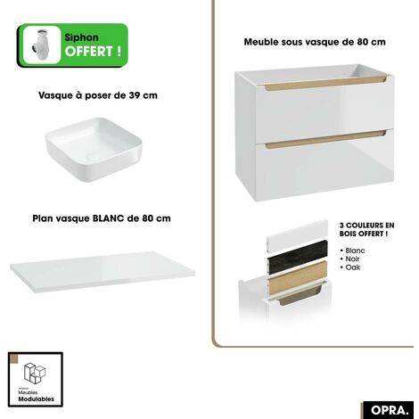Ensemble meuble sous vasque avec plan et vasque à poser - Siphon OFFERT  OPRA  Blanc  80 × 60 × 45 cm