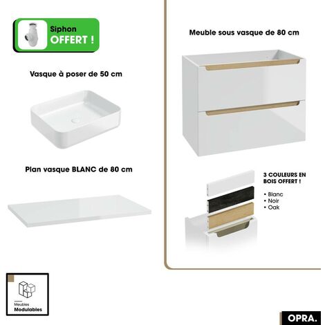 Ensemble meuble sous vasque avec plan et vasque à poser - Siphon OFFERT  OPRA  Blanc  80 × 60 × 45 cm