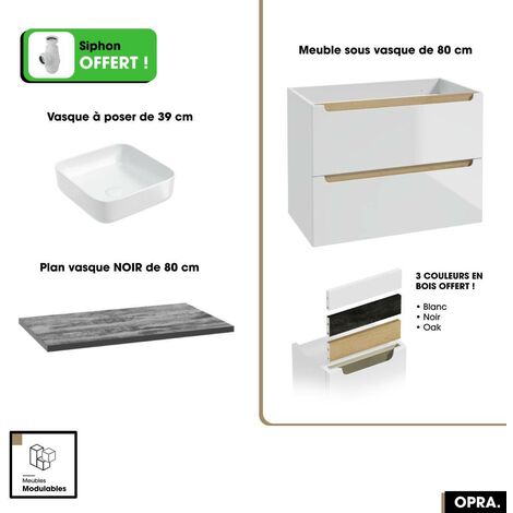 Ensemble meuble sous vasque avec plan et vasque à poser - Siphon OFFERT  OPRA  Blanc-Noir  80 × 60 × 45 cm