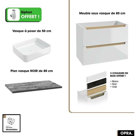 Ensemble meuble sous vasque avec plan et vasque à poser - Siphon OFFERT  OPRA  Blanc-Noir  80 × 60 × 45 cm