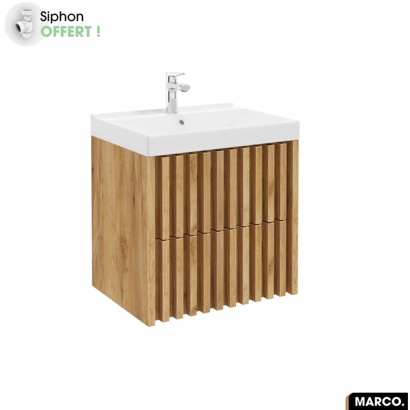 Ensemble meuble sous vasque avec vasque à encastrer - Siphon OFFERT MARCO Oak 60 x 56 x 45 cm