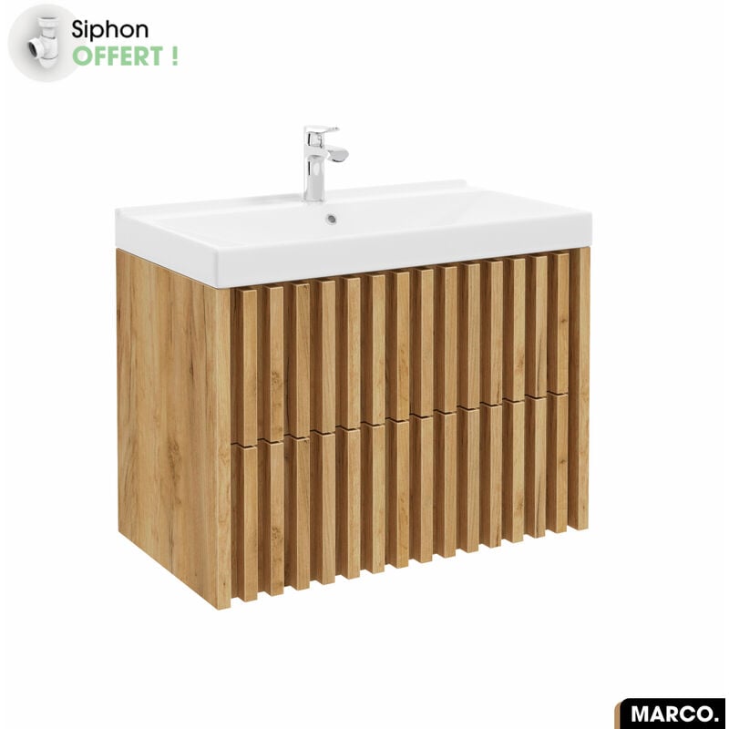 Otitec - Ensemble meuble sous vasque avec vasque à encastrer - Siphon offert marco Oak 80 x 56 x 45 cm