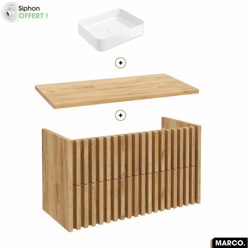Otitec - Ensemble meuble sous vasque avec vasque à poser - Siphon offert marco oak 100 x 56 x 45 cm