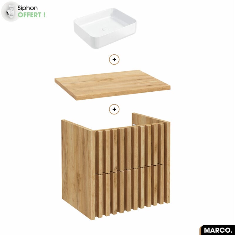 Otitec - Ensemble meuble sous vasque avec vasque à poser - Siphon offert marco oak 60 x 56 x 45 cm