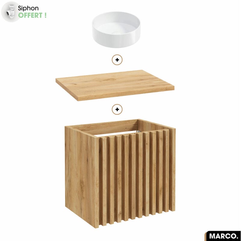 Ensemble meuble sous vasque avec vasque à poser - Siphon offert marco oak 60 x 56 x 45 cm