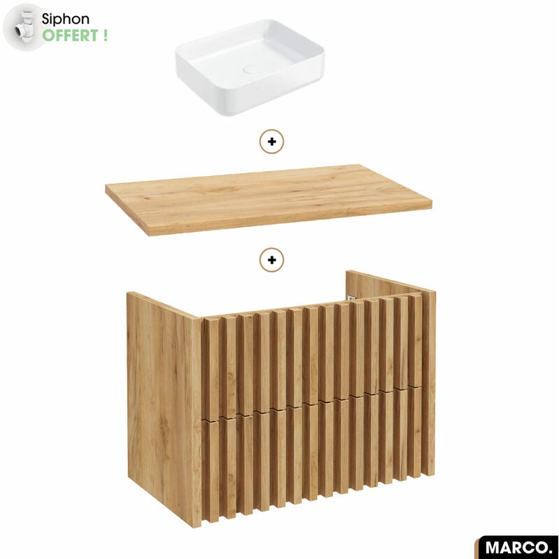 Otitec - Ensemble meuble sous vasque avec vasque à poser - Siphon offert marco oak 80 x 56 x 45 cm