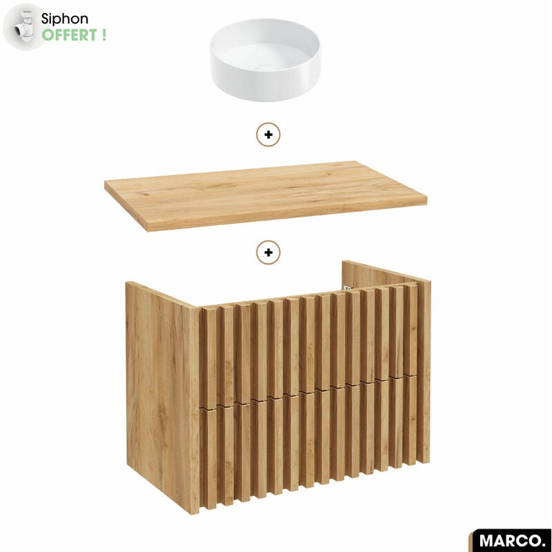 Ensemble meuble sous vasque avec vasque à poser - Siphon OFFERT MARCO OAK 80 x 56 x 45 cm