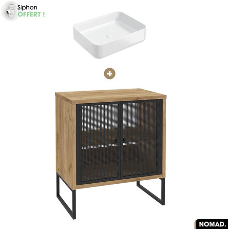 Ensemble meuble sous vasque avec vasque à poser - Siphon OFFERT NOMAD OAK 70 x 80 x 43 cm