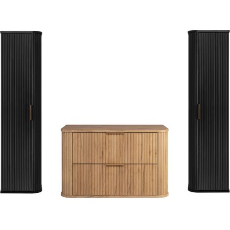 Ensemble meuble sous vasque CHÊNE CRAFT D'OR 80 cm et deux colonnes NOIR 35/139 cm à suspendre GLAMOUR