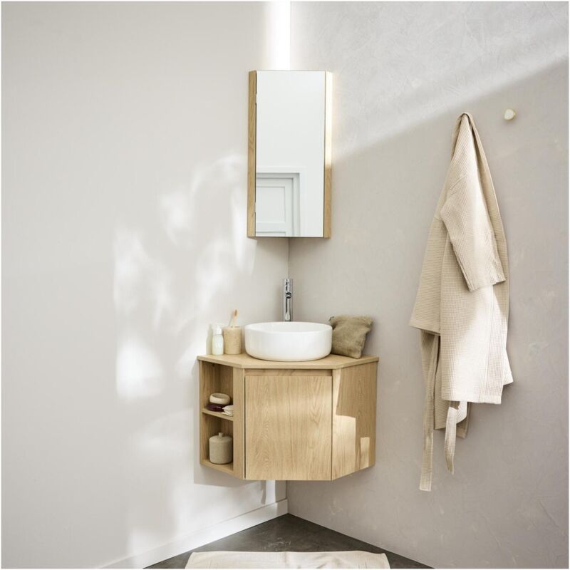 Mob-in - Ensemble meuble sous vasque d'angle sorrento + vasque + robinet + Armoire de toilette d'angle