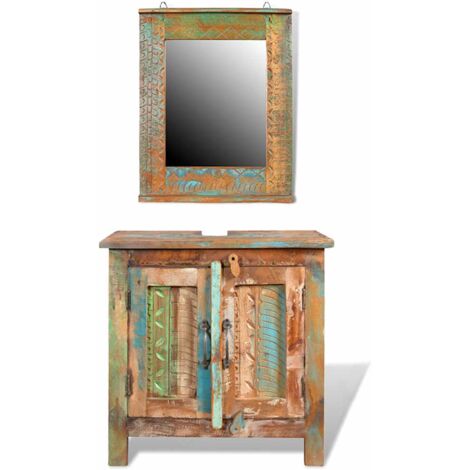 Ensemble meuble sous vasque et miroir en bois massif recyclé
