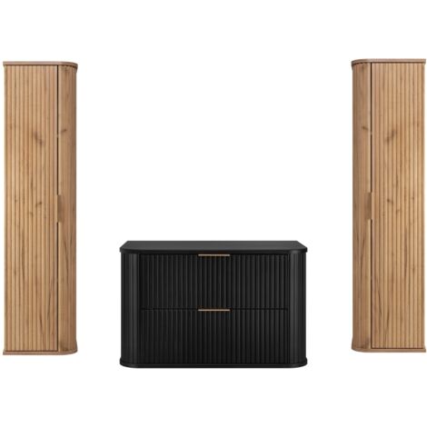 Ensemble meuble sous vasque NOIR 80 cm et deux colonnes CHÊNE CRAFT D'OR 35/139 cm à suspendre GLAMOUR