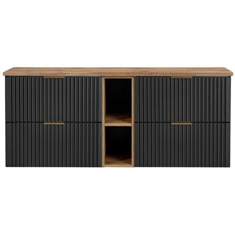 Ensemble meuble sous vasque NOXERA 140 cm – Noir mat et chêne – 2 meubles + 2 niches