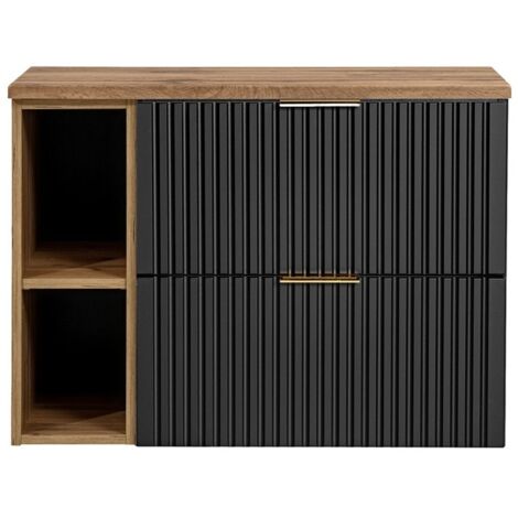 Ensemble meuble sous vasque NOXERA 80 cm – Noir mat et chêne – 2 tiroirs + 2 niches + plan vasque