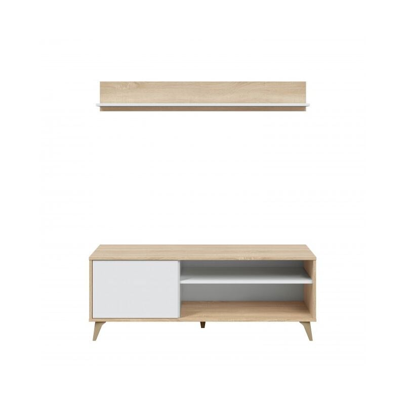 Mur équipé porte Tv 135 cm blanc mat et chêne - Nuoro