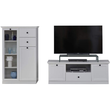 Ensemble meuble TV 139x41x49cm et vitrine 81x41x129cm blanc - EUNOIA