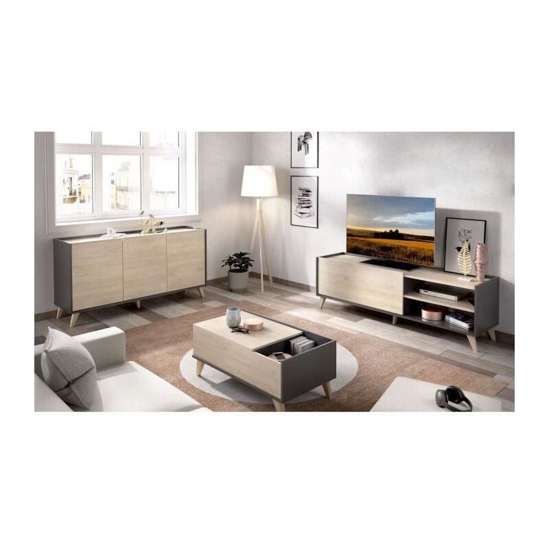 Les Tendances - Ensemble Meuble tv 155cm + buffet 3 portes 155cm + Table basse relevable - Chene naturel et graphite - ness