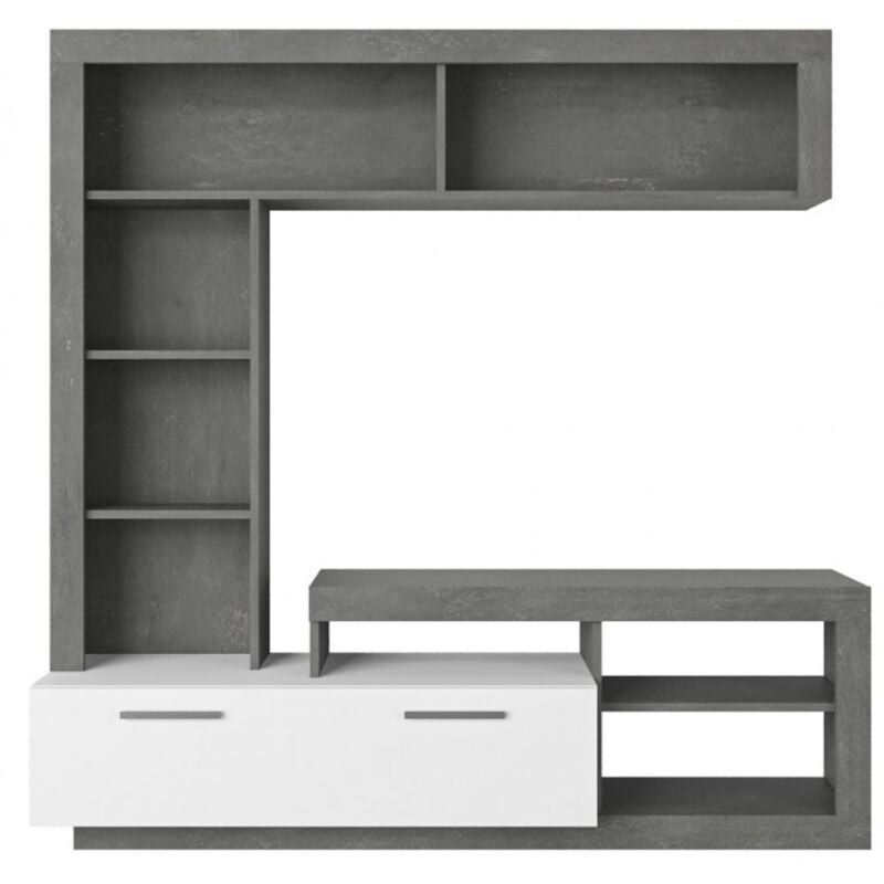 Mur équipé gris rétro et blanc mat meuble tv - Nizza