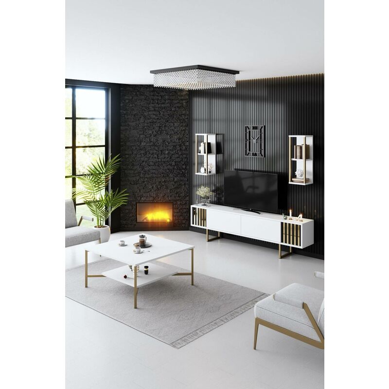 Ensemble meuble Tv, 2 étagères murales et table basse Aros Bois Blanc et Métal Or - Blanc / Or
