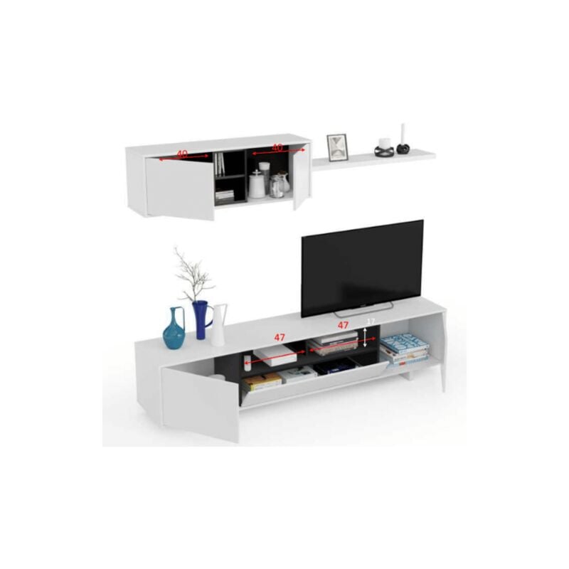 Mural équipé porte Tv 200 cm blanc brillant et gris anthracite - Paide