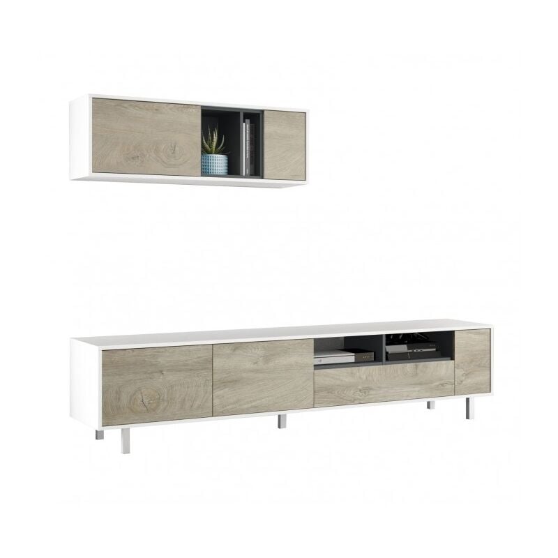 Mur équipé porte Tv 200 cm blanc mat et chêne - Keila